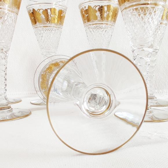 Val Saint Lambert Cut Crystal Port Wine Stemware Set of 7, Gold Gilt Grapevine - Picture 8 of 10